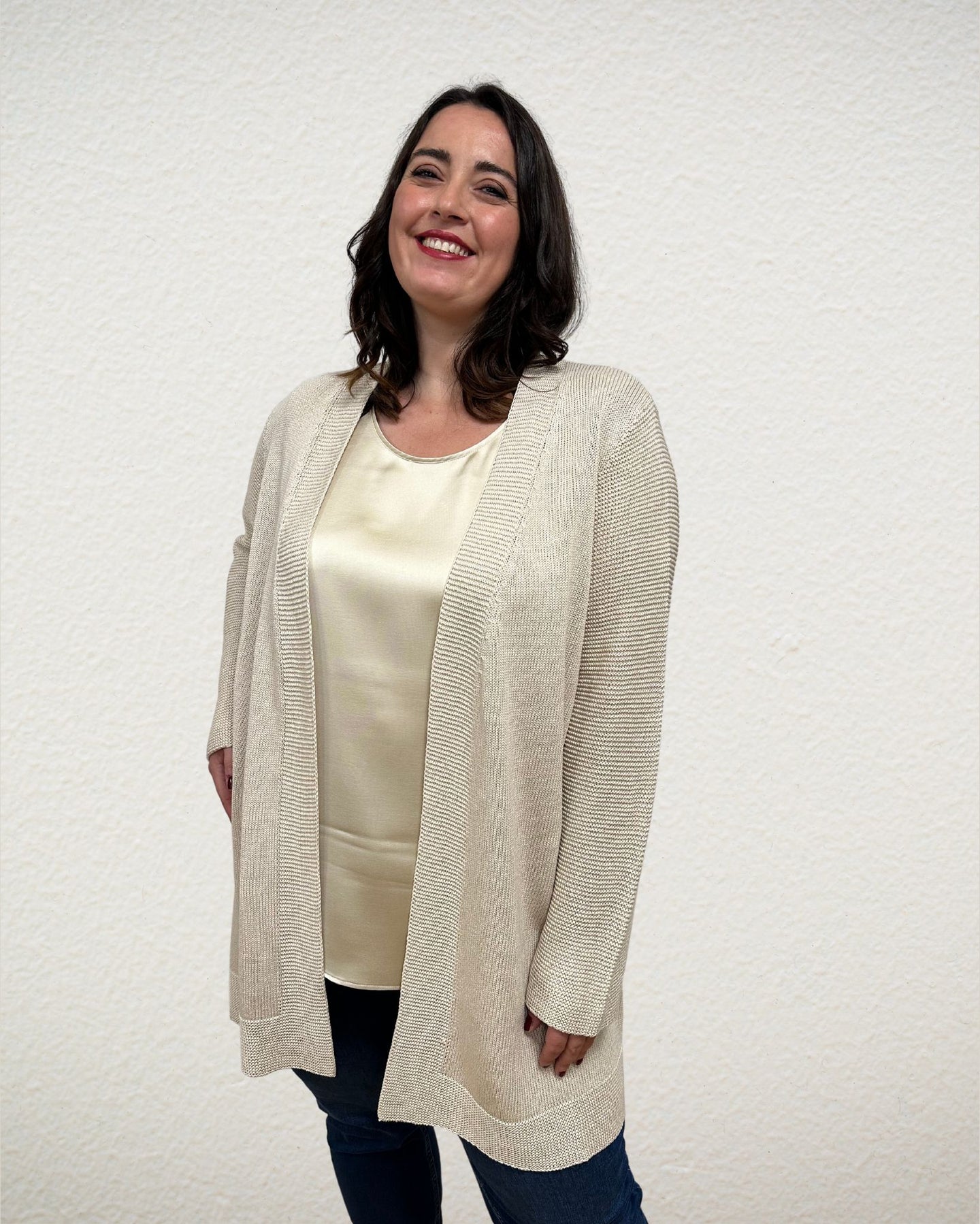 offene Baumwoll-Strickjacke in Creme von Marina Rinaldi - grosse Grössen - DE BOER plus Luzern 