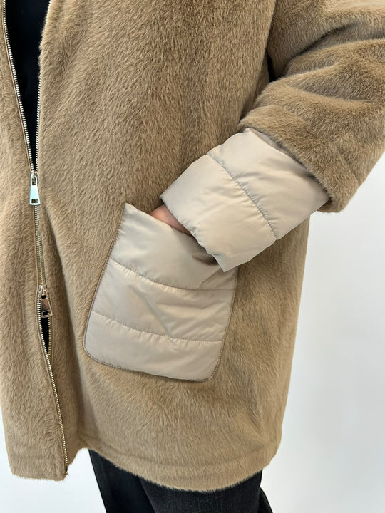 Teddy Jacke mit Nylondetails in Camel von White Label by Rofa_grosse Grössen_DE BOER plu Luzern