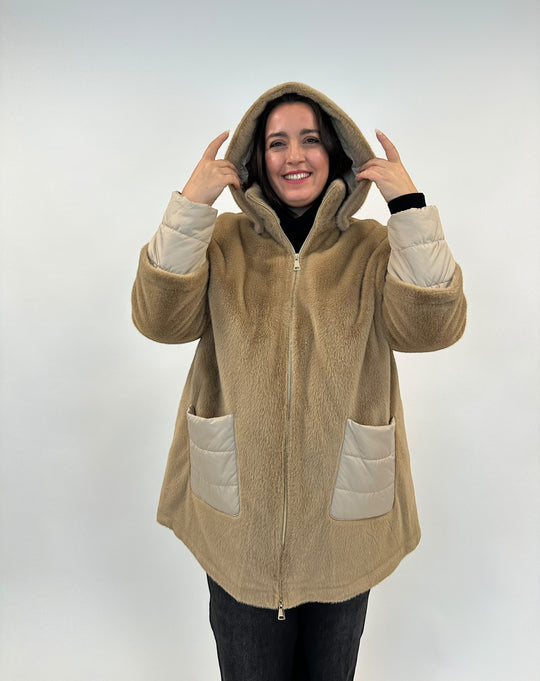 Teddy Jacke mit Nylondetails in Camel von White Label by Rofa_grosse Grössen_DE BOER plu Luzern